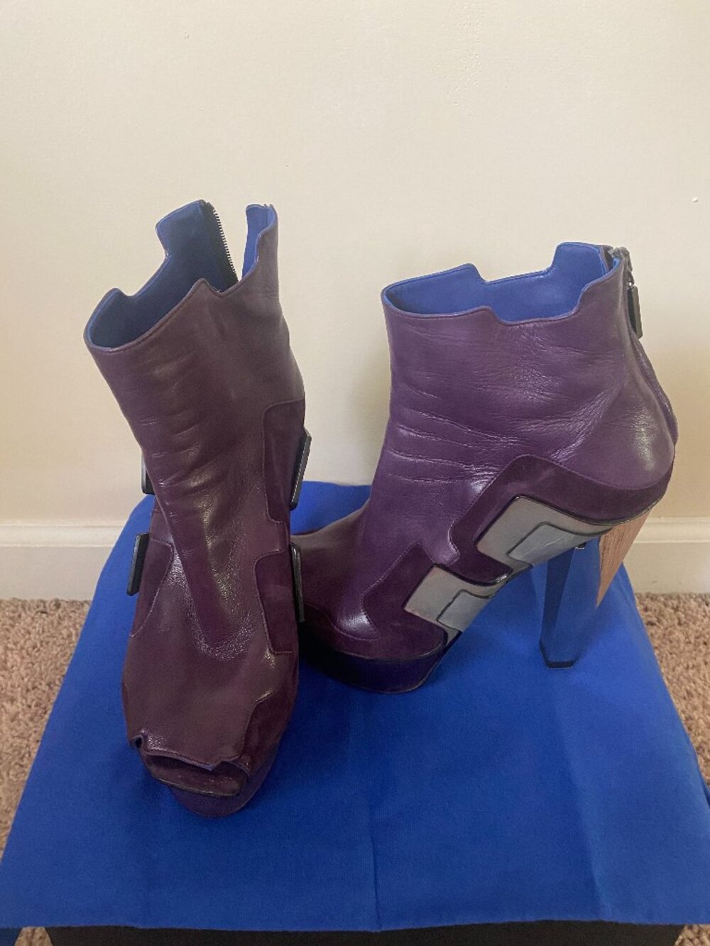 Raphael Young Leather and Suede Purple Metallic Heel Open Toe Bootie Size 39